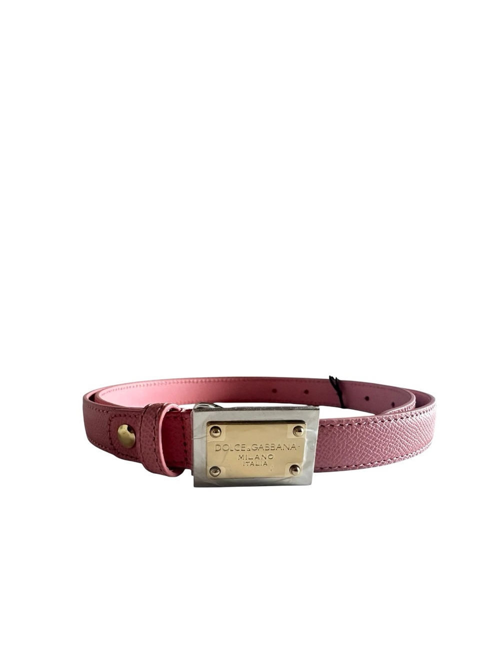 NWT Dolce & Gabbana Pink Leather Logo Plaque Skinny Belt Size 34 Made in Italy
